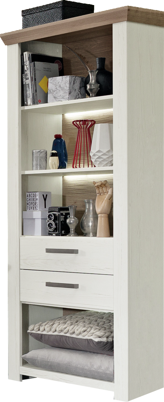 Weißes Regal mit mehreren Fächern, dekoriert mit Büchern, Vasen und einer Kamera, aus frontaler Perspektive.