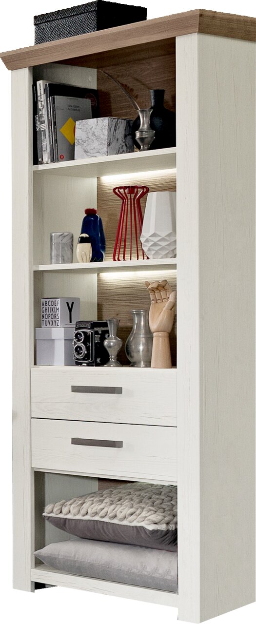 Weißes Regal mit mehreren Fächern, dekoriert mit Büchern, Vasen und einer Kamera, aus frontaler Perspektive.