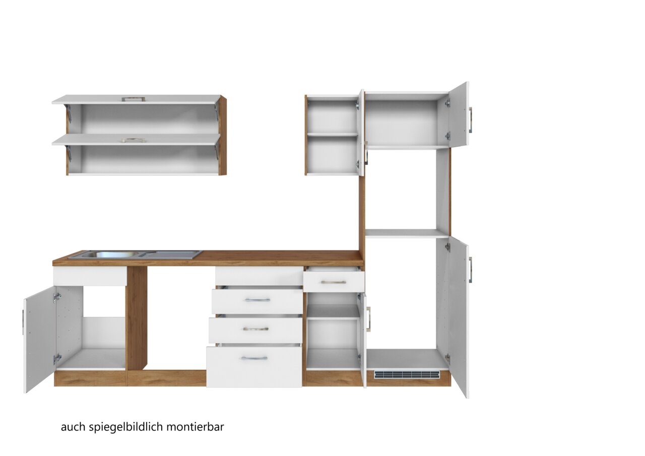 Küchenzeile mit weißem Korpus und Holzarbeitsplatte, bestehend aus mehreren Schränken und Schubladen, mit geöffneter Perspektive.