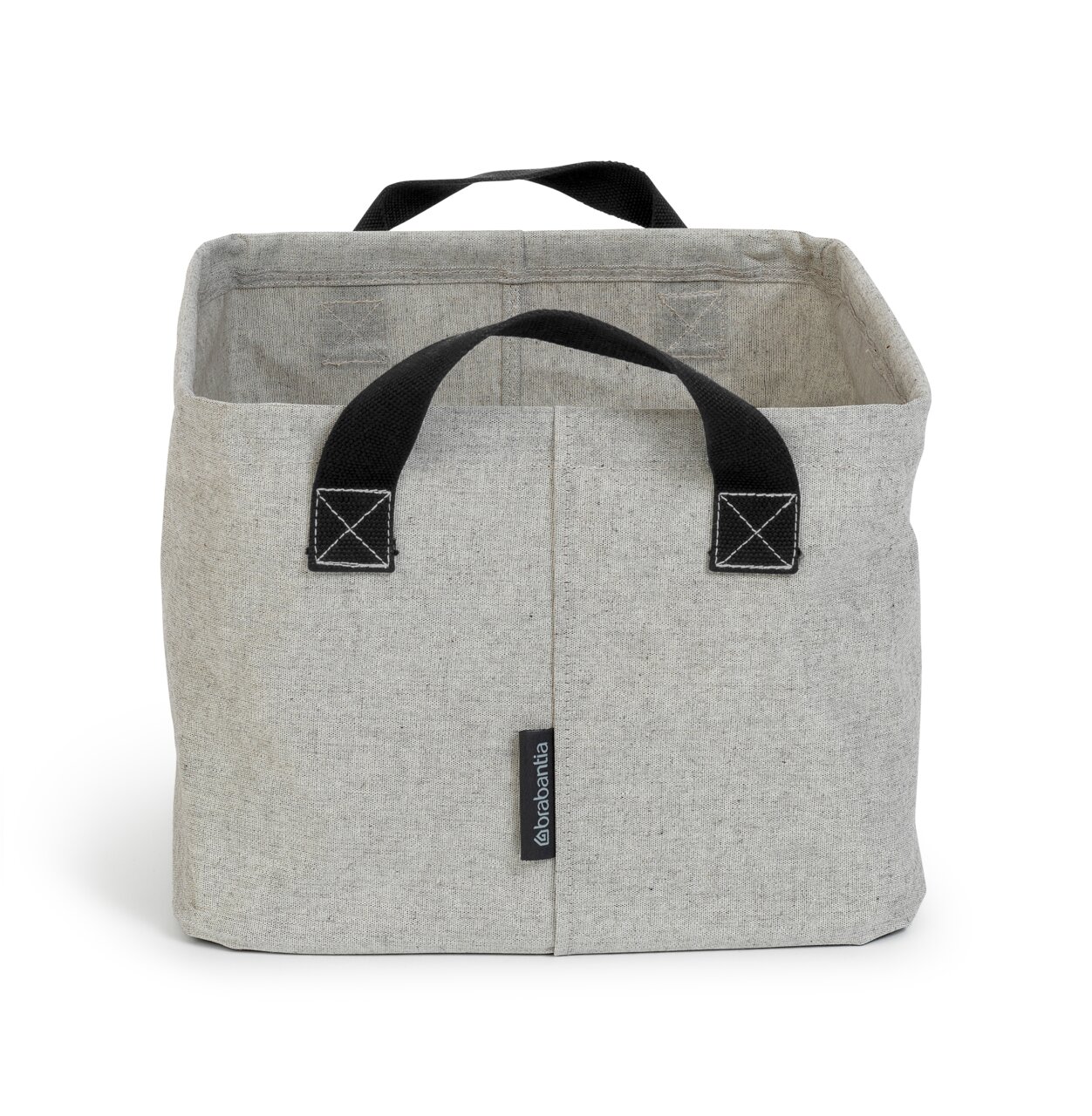 Faltbarer Wäschekorb aus grauem Stoff mit schwarzen Griffen, Vorderansicht