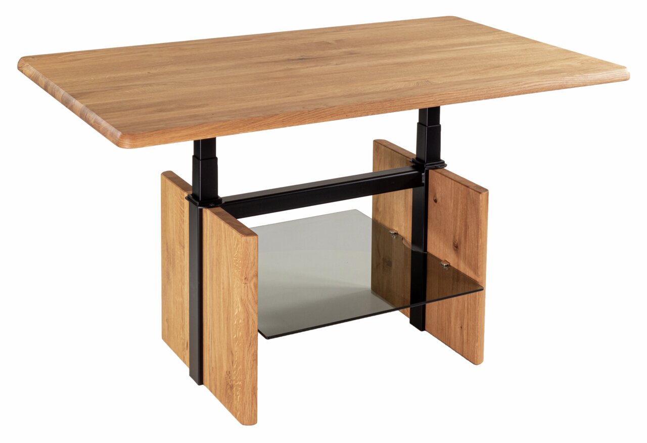 Moderner Couchtisch aus Holz mit schwarzem Metallgestell und Glasablage, seitliche Perspektive