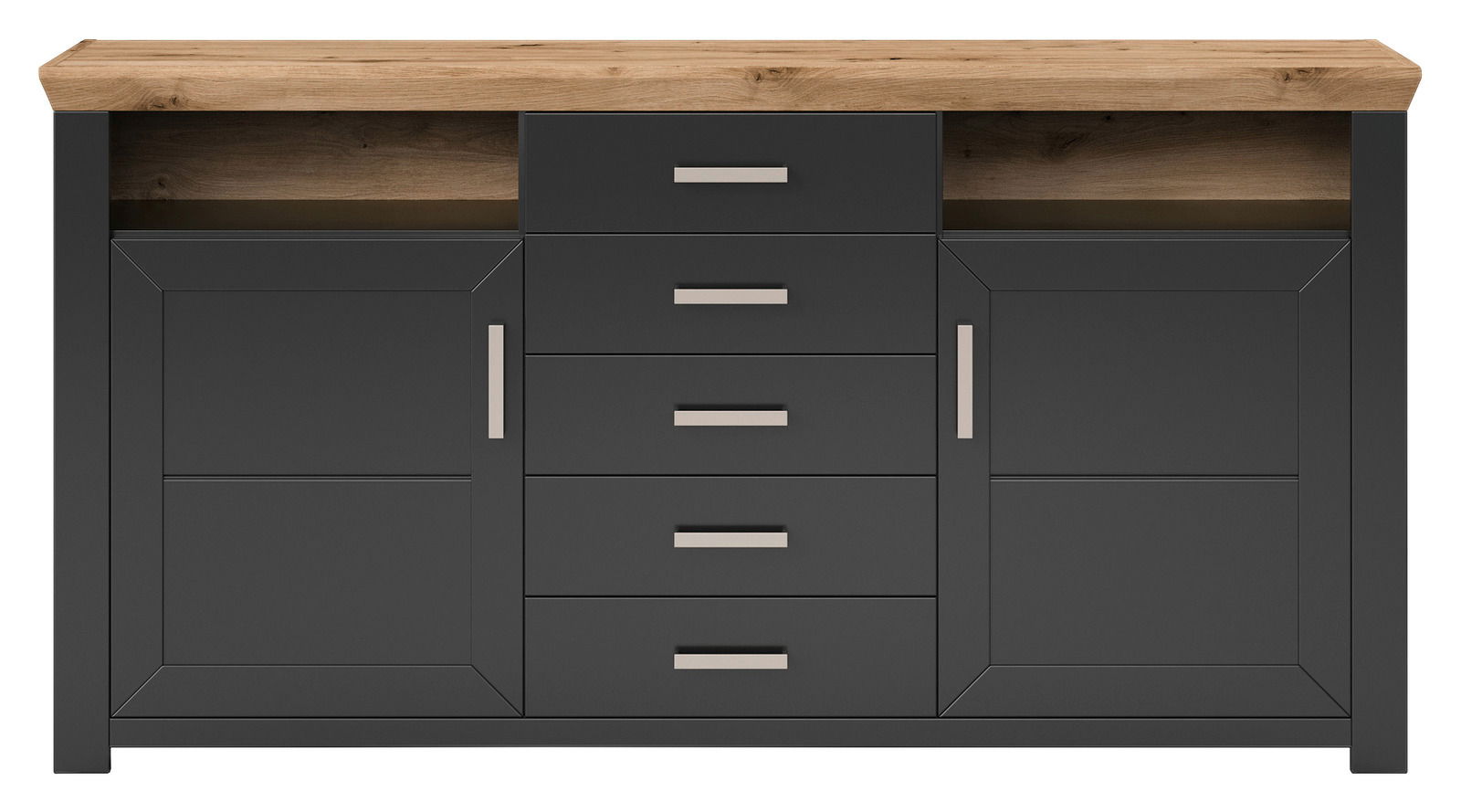 Frontale Ansicht eines modernen Sideboards mit dunklen Türen und Schubladen, sowie einer Holzplatte.