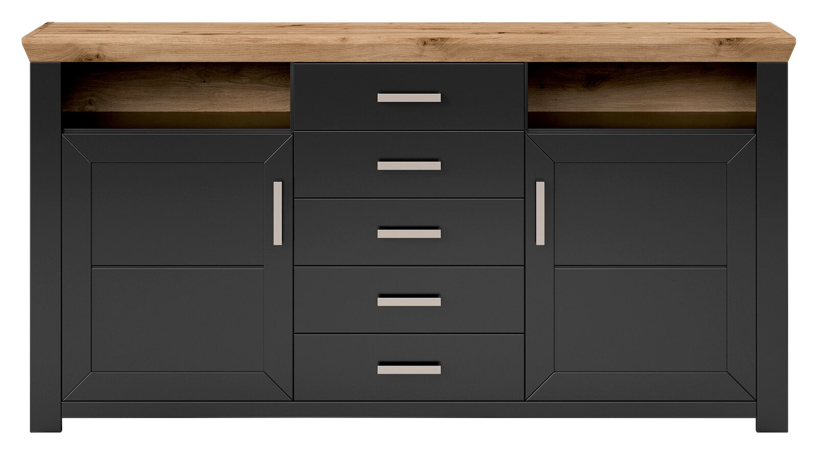 Frontale Ansicht eines modernen Sideboards mit dunklen Türen und Schubladen, sowie einer Holzplatte.