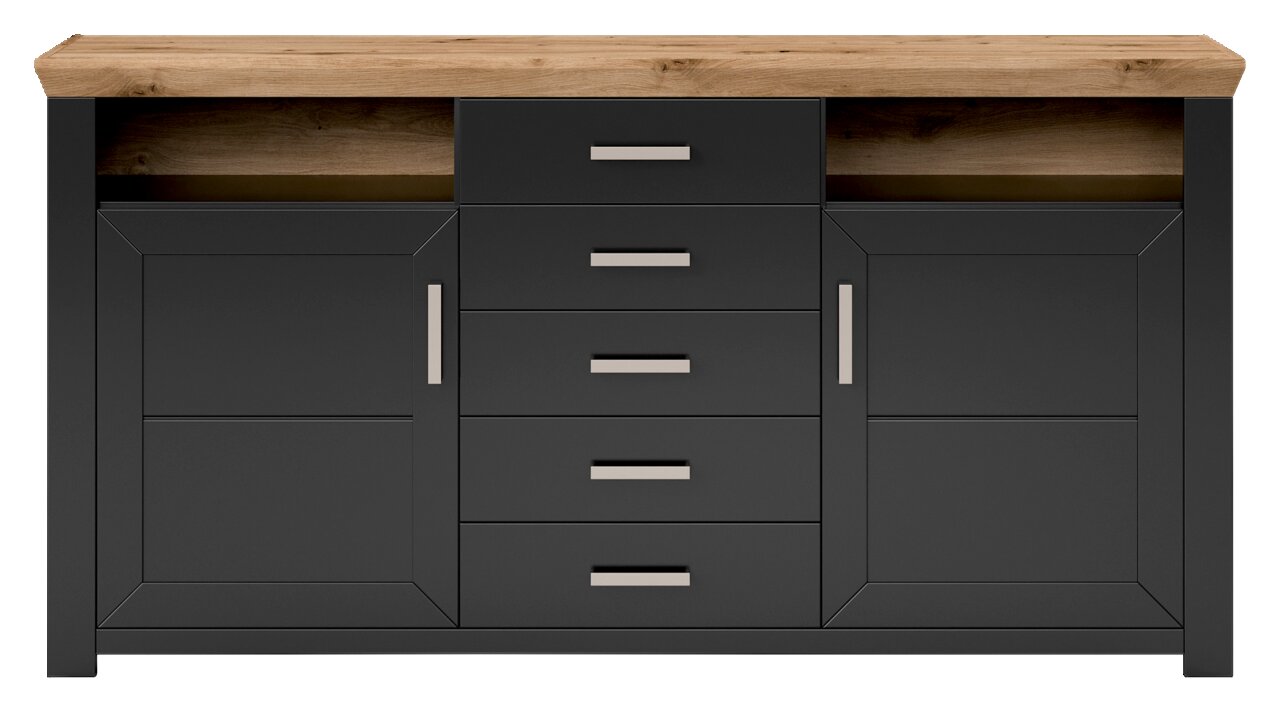 Frontale Ansicht eines modernen Sideboards mit dunklen Türen und Schubladen, sowie einer Holzplatte.