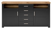Frontale Ansicht eines modernen Sideboards mit dunklen Türen und Schubladen, sowie einer Holzplatte.