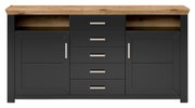 Frontale Ansicht eines modernen Sideboards mit dunklen Türen und Schubladen, sowie einer Holzplatte.