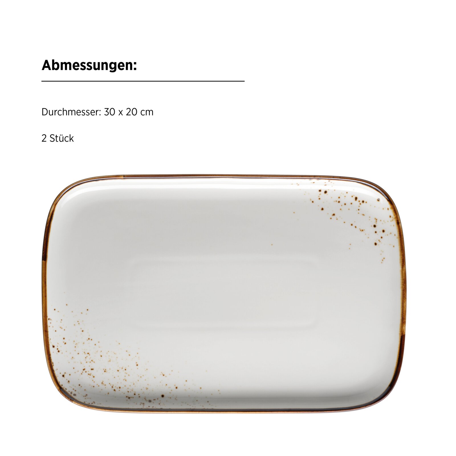 Rechteckige Servierplatte aus weißer Keramik mit braunem Rand und Sprenkel-Design, ca. 30 x 20 cm (2 Stück), Draufsicht auf weißem Hintergrund