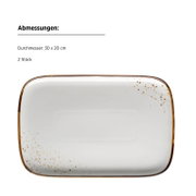 Rechteckige Servierplatte aus weißer Keramik mit braunem Rand und Sprenkel-Design, ca. 30 x 20 cm (2 Stück), Draufsicht auf weißem Hintergrund