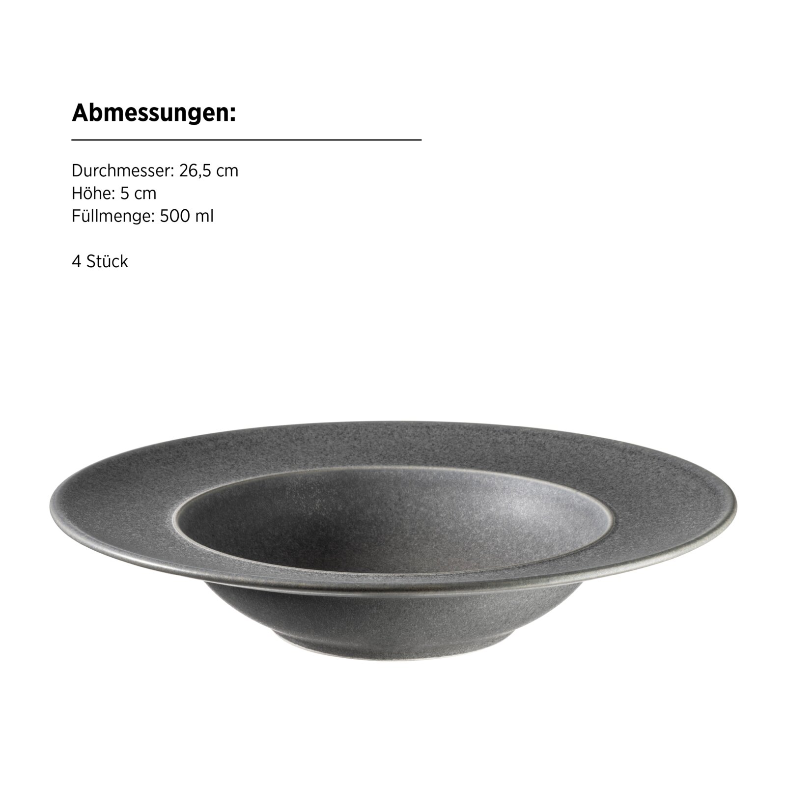 Graue, flache Pastaschale/Suppenteller mit breitem Rand, 26,5 cm Durchmesser, 5 cm Höhe und 500 ml Füllmenge, in seitlicher Ansicht vor weißem Hintergrund.