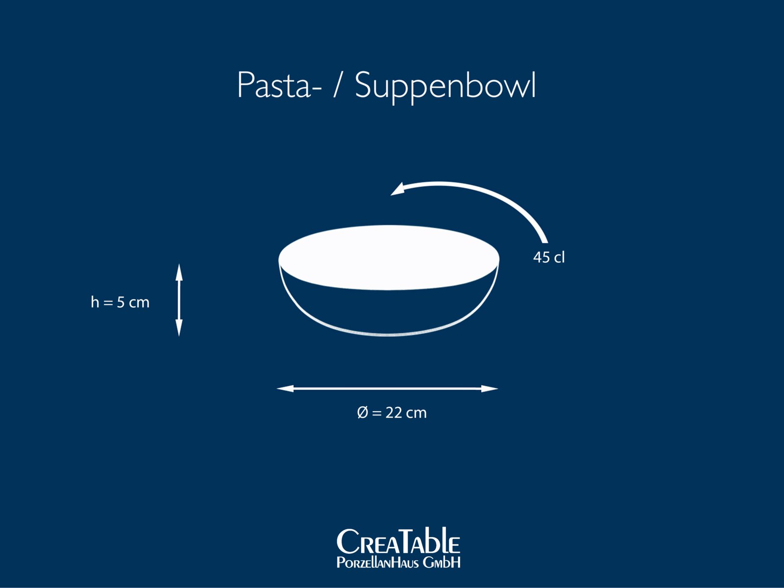 Pasta-/Suppenbowl mit 45 cl Fassungsvermögen, Ø 22 cm und Höhe 5 cm, schematische Darstellung in seitlicher Ansicht mit leichtem Blick von oben auf blauem Hintergrund.