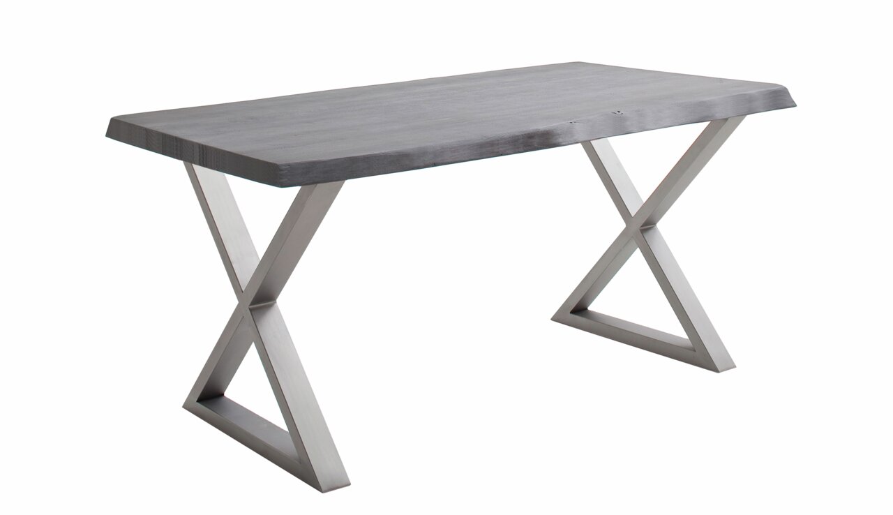 Moderner Esstisch der Serie CALABRIA mit X-förmigem Edelstahlgestell, seitliche Perspektive.