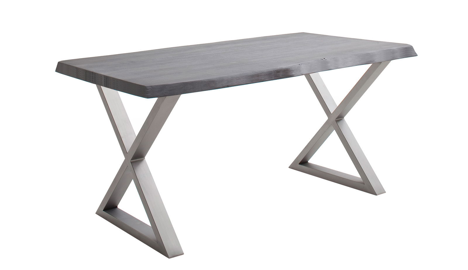 Moderner Esstisch der Serie CALABRIA mit X-förmigem Edelstahlgestell, seitliche Perspektive.