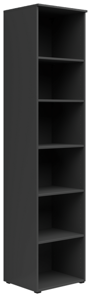 Schwarzes hohes Regal mit sechs offenen Fächern, seitliche Perspektive