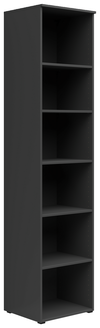 Schwarzes hohes Regal mit sechs offenen Fächern, seitliche Perspektive