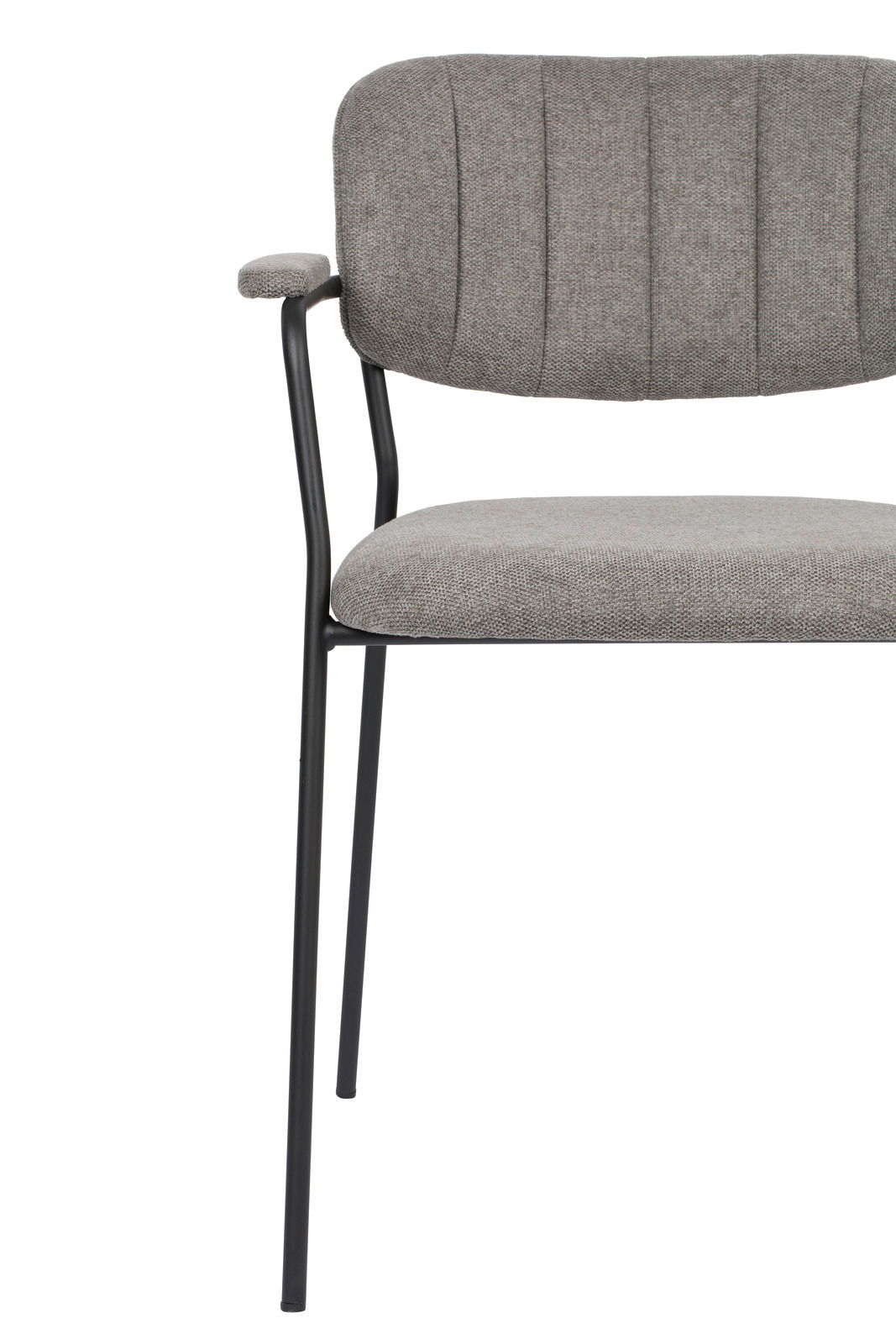 Grauer Armlehnenstuhl mit schwarzem Metallgestell, Vorderansicht