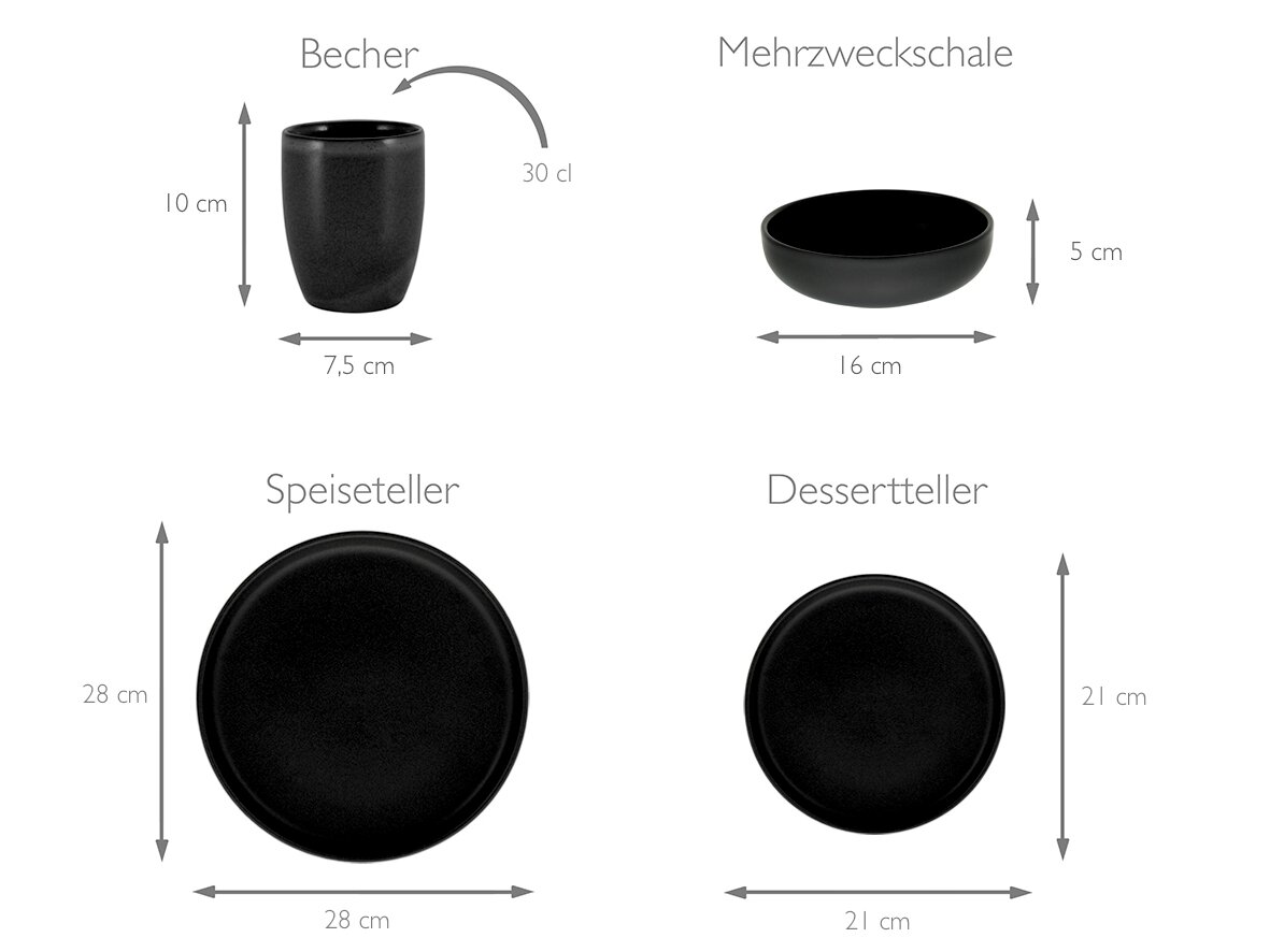 Kombiservice 16-tlg in Schwarz, bestehend aus Becher, Mehrzweckschale, Speiseteller und Dessertteller, aus der Vogelperspektive.