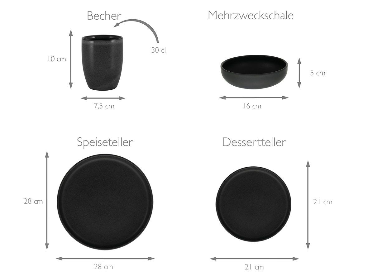 Kombiservice 16-tlg in Schwarz, bestehend aus Becher, Mehrzweckschale, Speiseteller und Dessertteller, aus der Vogelperspektive.