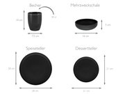 Kombiservice 16-tlg in Schwarz, bestehend aus Becher, Mehrzweckschale, Speiseteller und Dessertteller, aus der Vogelperspektive.