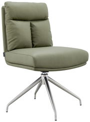 Moderner grüner Stuhl mit Metallbeinen, seitliche Perspektive