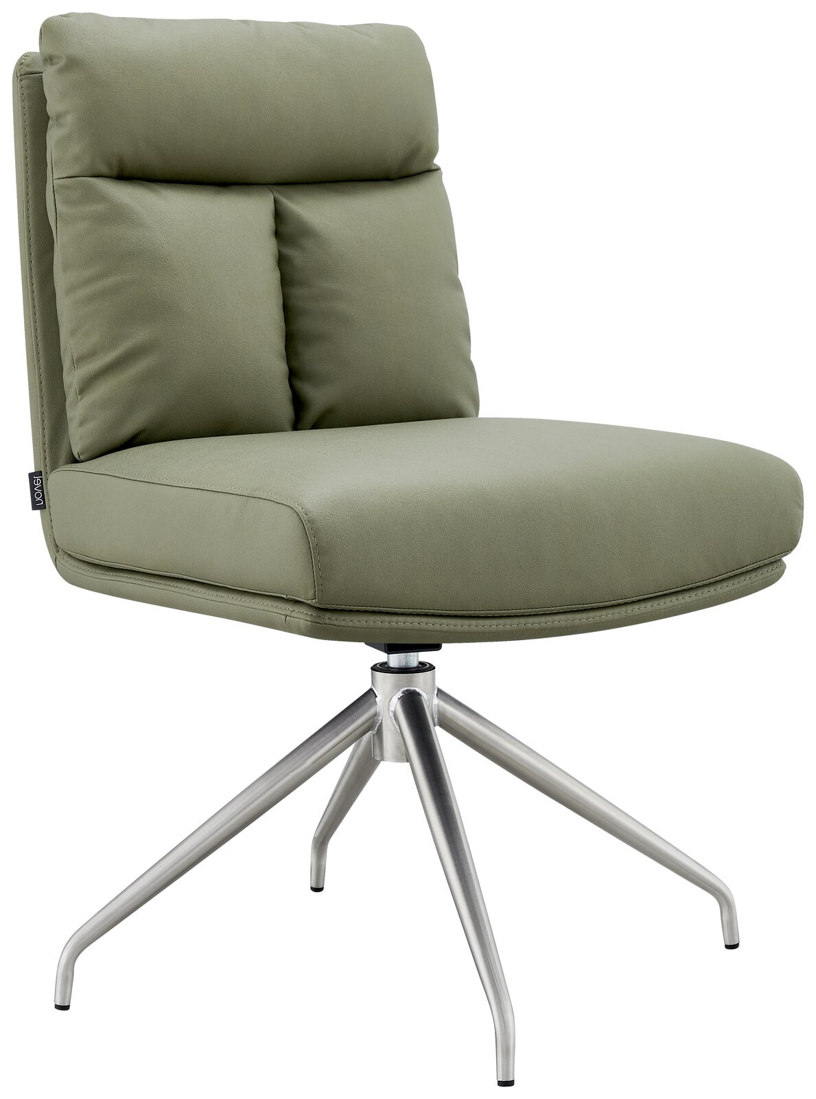 Moderner grüner Stuhl mit Metallbeinen, seitliche Perspektive