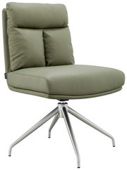 Moderner grüner Stuhl mit Metallbeinen, seitliche Perspektive