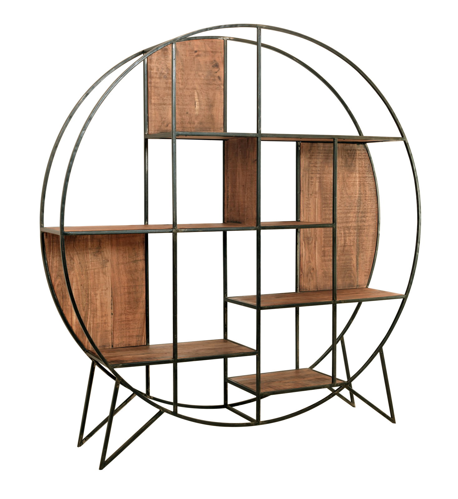 Landscape Regal rund SPRING Rundes Regal aus Metall und Holz mit mehreren Fächern, seitliche Perspektive