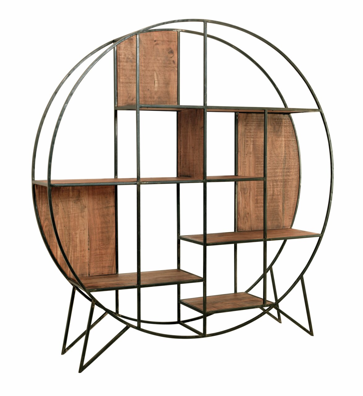Landscape Ronde plank SPRING Ronde plank van metaal en hout met meerdere vakken, zijaanzicht