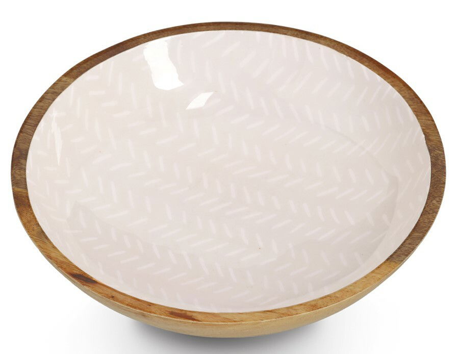 Schale aus Mangoholz mit einem Durchmesser von 25 cm, von oben betrachtet, mit einem hellen, gemusterten Innenbereich.