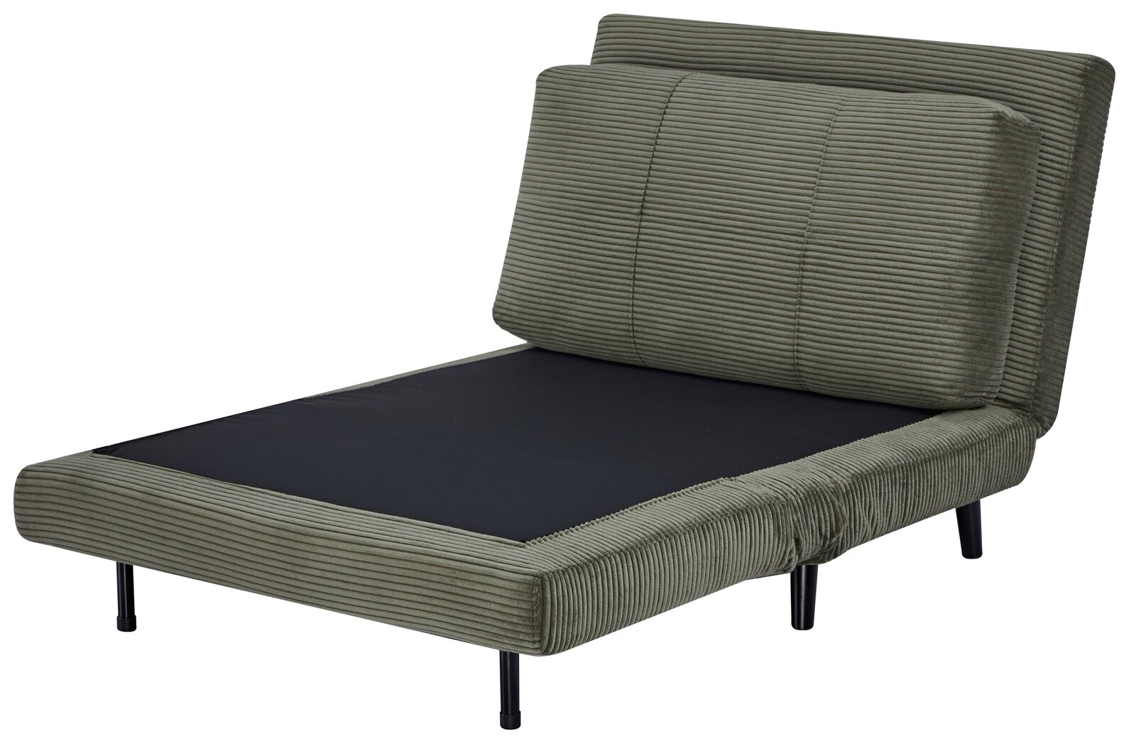 Grüner Funktionssessel mit geripptem Stoffbezug, in Liegeposition von schräg vorne fotografiert.