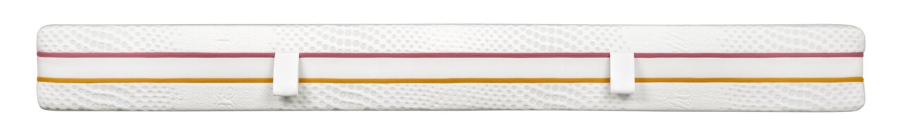 Seitenansicht einer Matratze 180x200 mit zwei farbigen Streifen und Tragegriffen.
