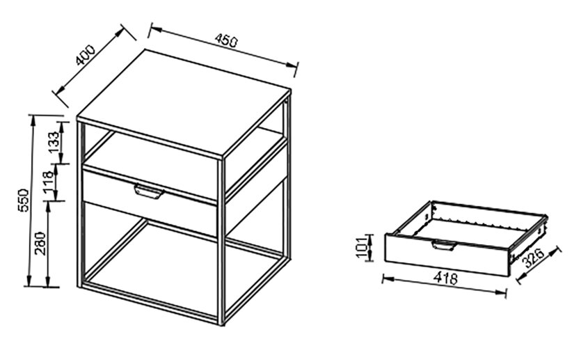 Technische Strichzeichnung eines Nachttischs/Beistelltischs mit Metallrahmen, Schublade und Ablagefach, Maße ca. 450×400×550 mm; Schublade ca. 418×326×101 mm, dargestellt in isometrischer Schrägansicht von vorne.