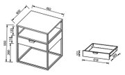 Technische Strichzeichnung eines Nachttischs/Beistelltischs mit Metallrahmen, Schublade und Ablagefach, Maße ca. 450×400×550 mm; Schublade ca. 418×326×101 mm, dargestellt in isometrischer Schrägansicht von vorne.