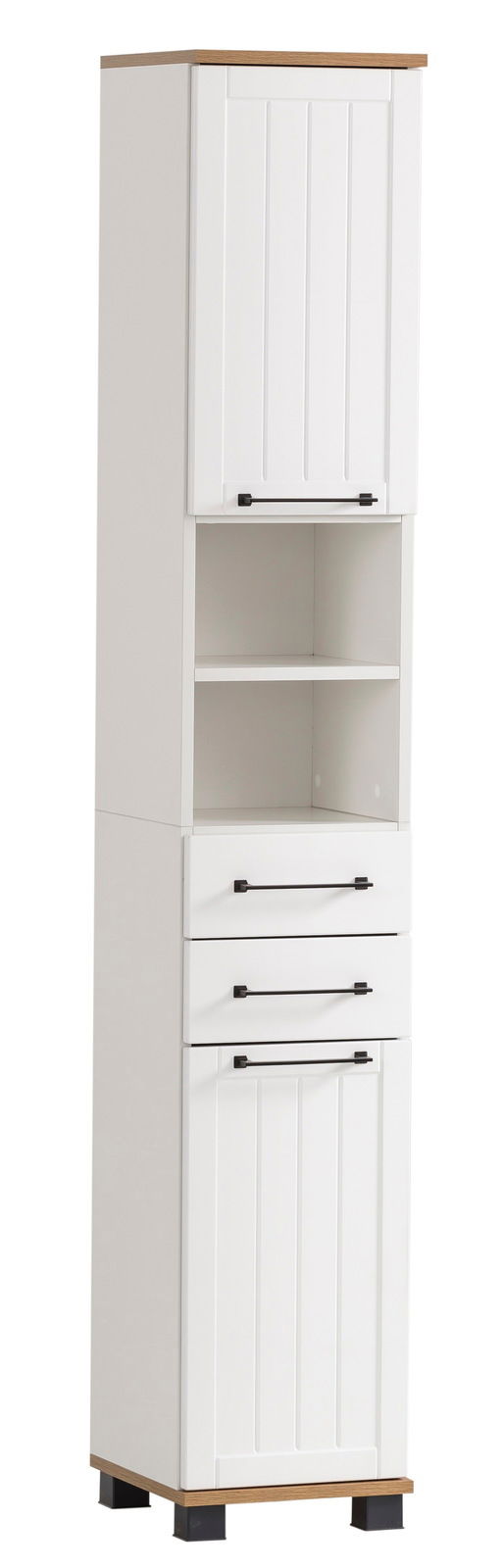 Weißer Hochschrank mit Holzdetails, zwei Türen, drei Schubladen und offenen Regalfächern, frontal betrachtet.