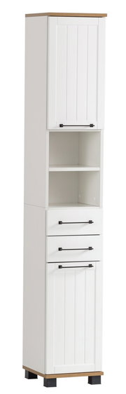Weißer Hochschrank mit Holzdetails, zwei Türen, drei Schubladen und offenen Regalfächern, frontal betrachtet.