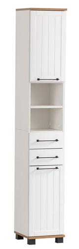 Weißer Hochschrank mit Holzdetails, zwei Türen, drei Schubladen und offenen Regalfächern, frontal betrachtet.