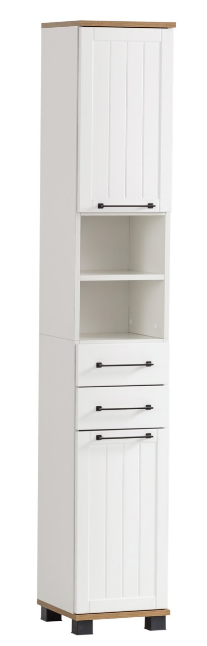 Stylife Hochschrank JELDA Weißer Hochschrank mit Holzdetails, zwei Türen, drei Schubladen und offenen Regalfächern, frontal betrachtet.