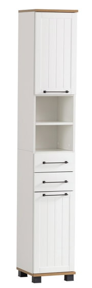 Weißer Hochschrank mit Holzdetails, zwei Türen, drei Schubladen und offenen Regalfächern, frontal betrachtet.