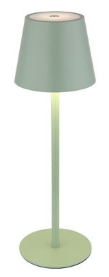 Grüne Akku-Tischleuchte VANNIE 3 in seitlicher Ansicht mit konischem Schirm und schlankem Standfuß.