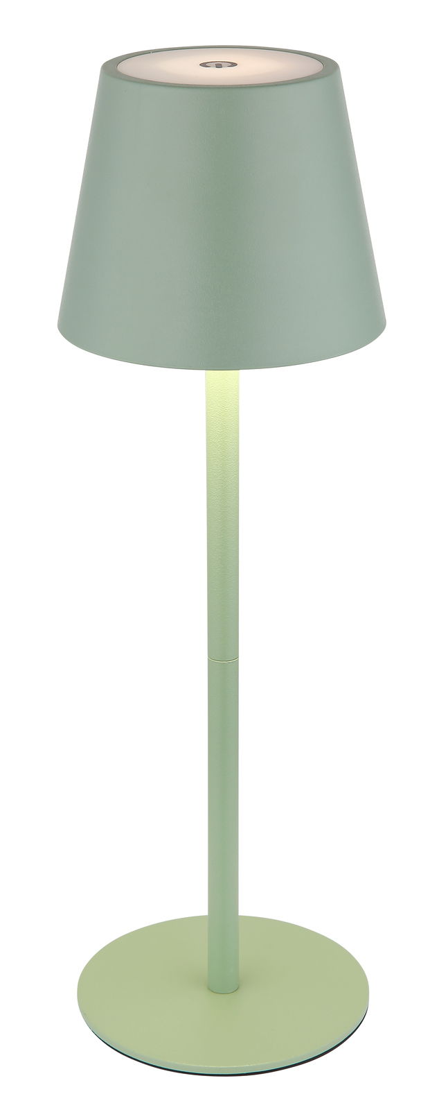 Grüne Akku-Tischleuchte VANNIE 3 in seitlicher Ansicht mit konischem Schirm und schlankem Standfuß.