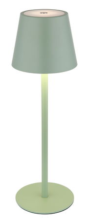 Grüne Akku-Tischleuchte VANNIE 3 in seitlicher Ansicht mit konischem Schirm und schlankem Standfuß.