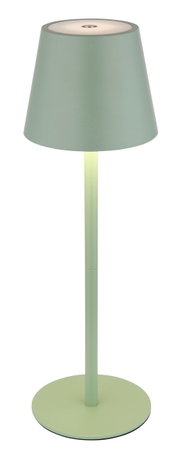 Groene accu-tafellamp VANNIE 3 in zijaanzicht, met een conische kap en een slanke voet.