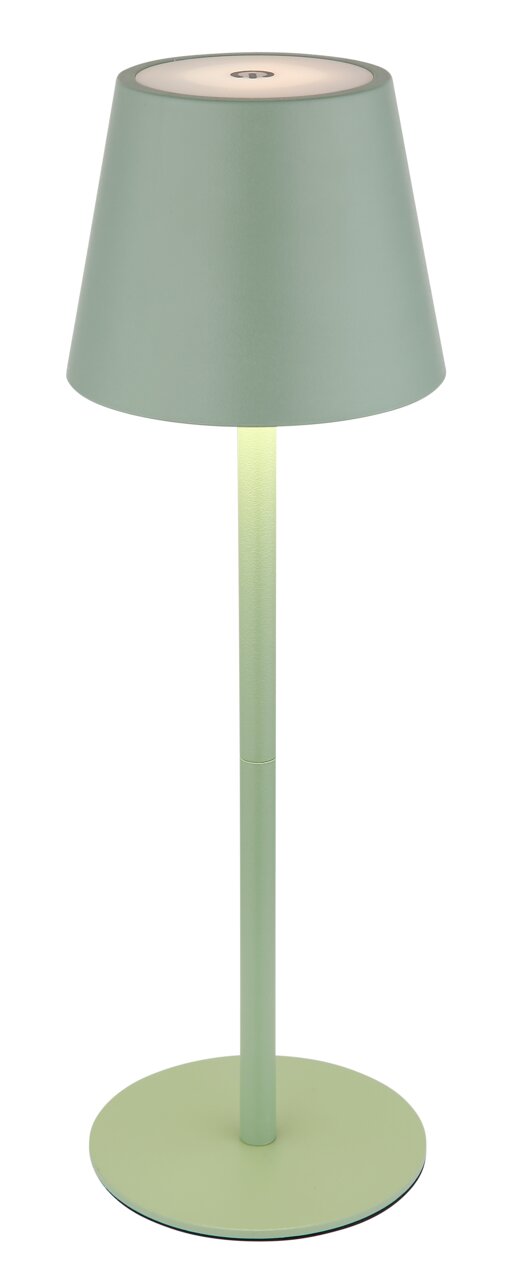 Groene accu-tafellamp VANNIE 3 in zijaanzicht, met een conische kap en een slanke voet.