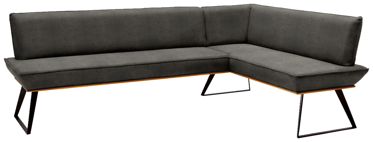 Moderne Eckbank in dunklem Grau mit Metallbeinen, Perspektive von vorne links