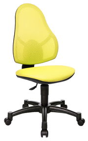 Gelber Drehstuhl Topstar AIRGO KID mit ergonomischer Rückenlehne und schwarzem Fußkreuz, seitliche Perspektive