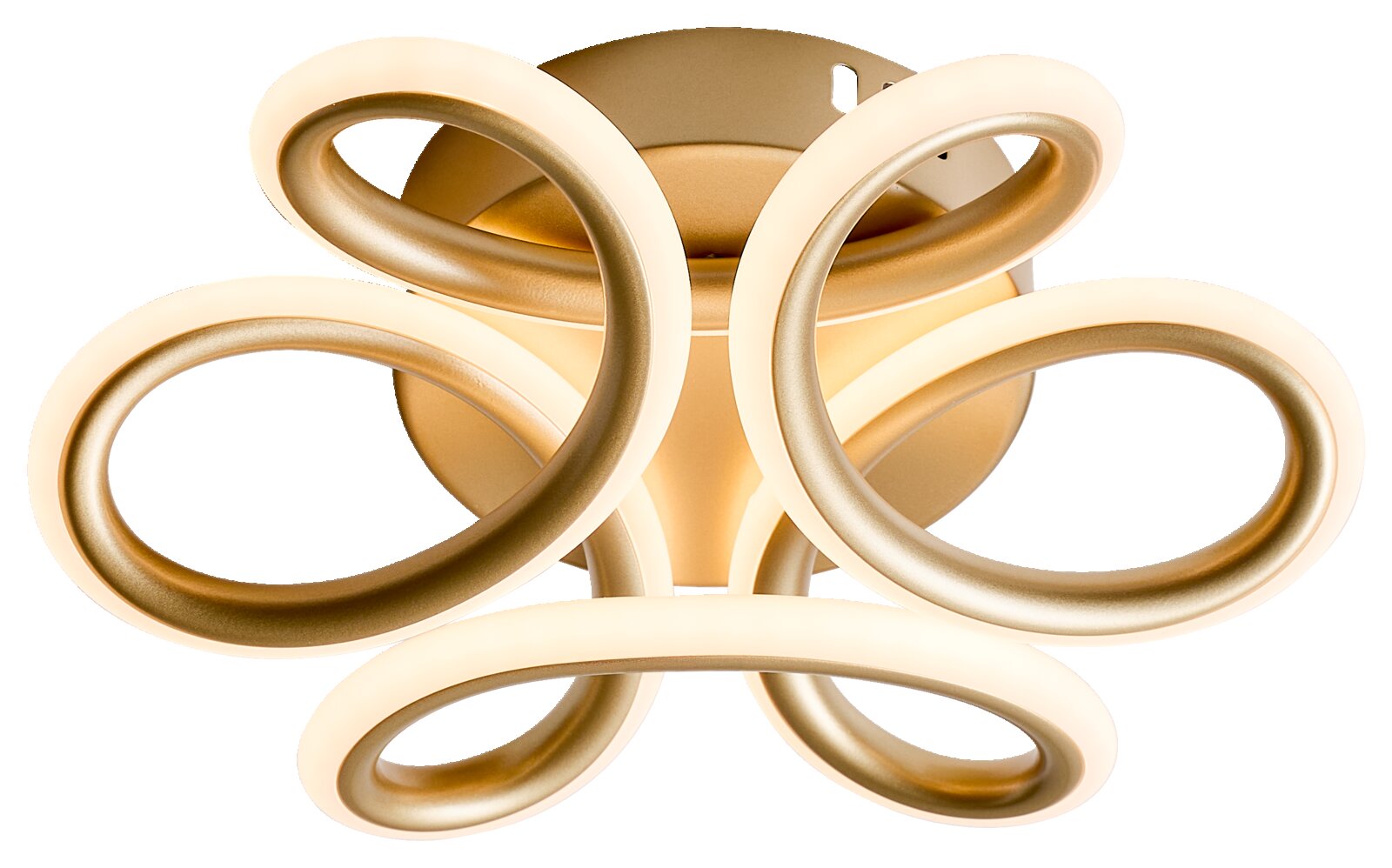 Moderne LED-Deckenleuchte in Gold/Champagner mit sechs ovalen, leuchtenden Ringen um einen zentralen Baldachin, Ansicht von unten in leichter Untersicht