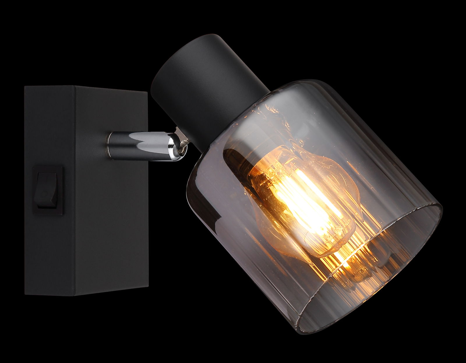 Moderner Strahler mit schwarzem Gehäuse und transparentem Glas, seitliche Perspektive