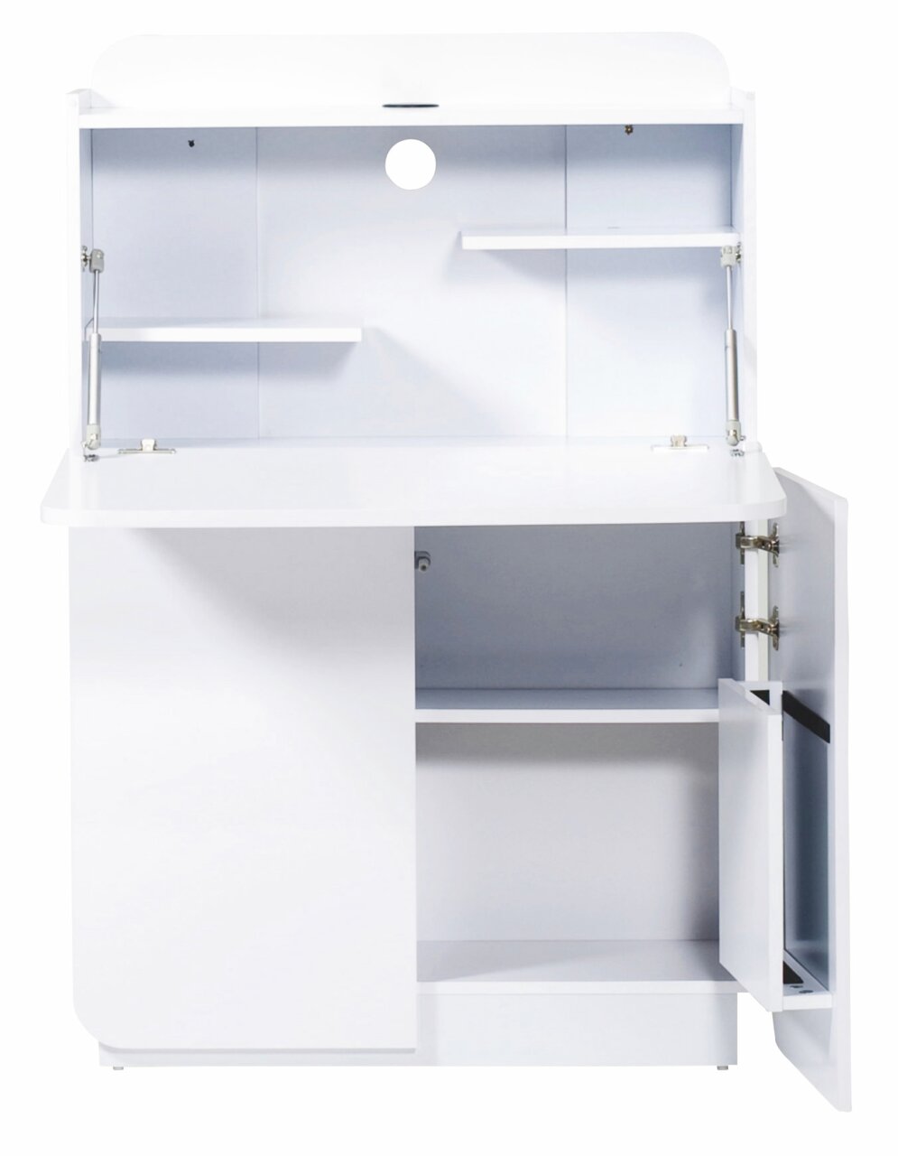 Weißer Sekretär mit geöffneten Türen und Regalen, Frontalansicht