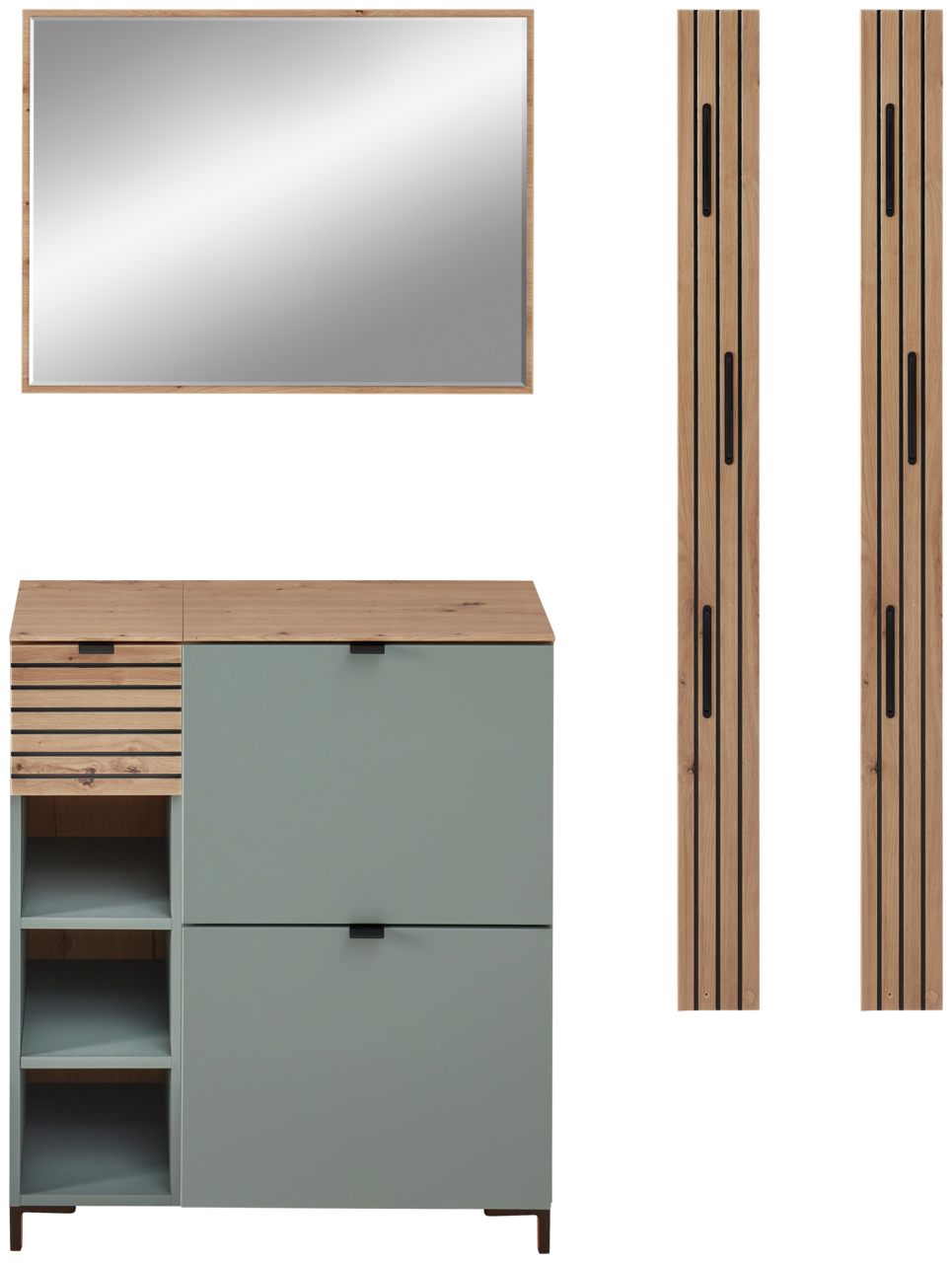 Voleo Garderoben-Set DIANA Garderoben-Set Schilf bestehend aus einem Spiegel, einem Schrank mit Schubladen und offenen Fächern sowie zwei vertikalen Holzpaneelen, frontale Ansicht.