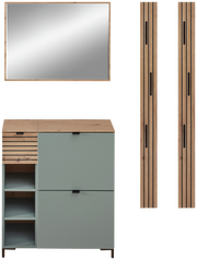 Garderoben-Set Schilf bestehend aus einem Spiegel, einem Schrank mit Schubladen und offenen Fächern sowie zwei vertikalen Holzpaneelen, frontale Ansicht.