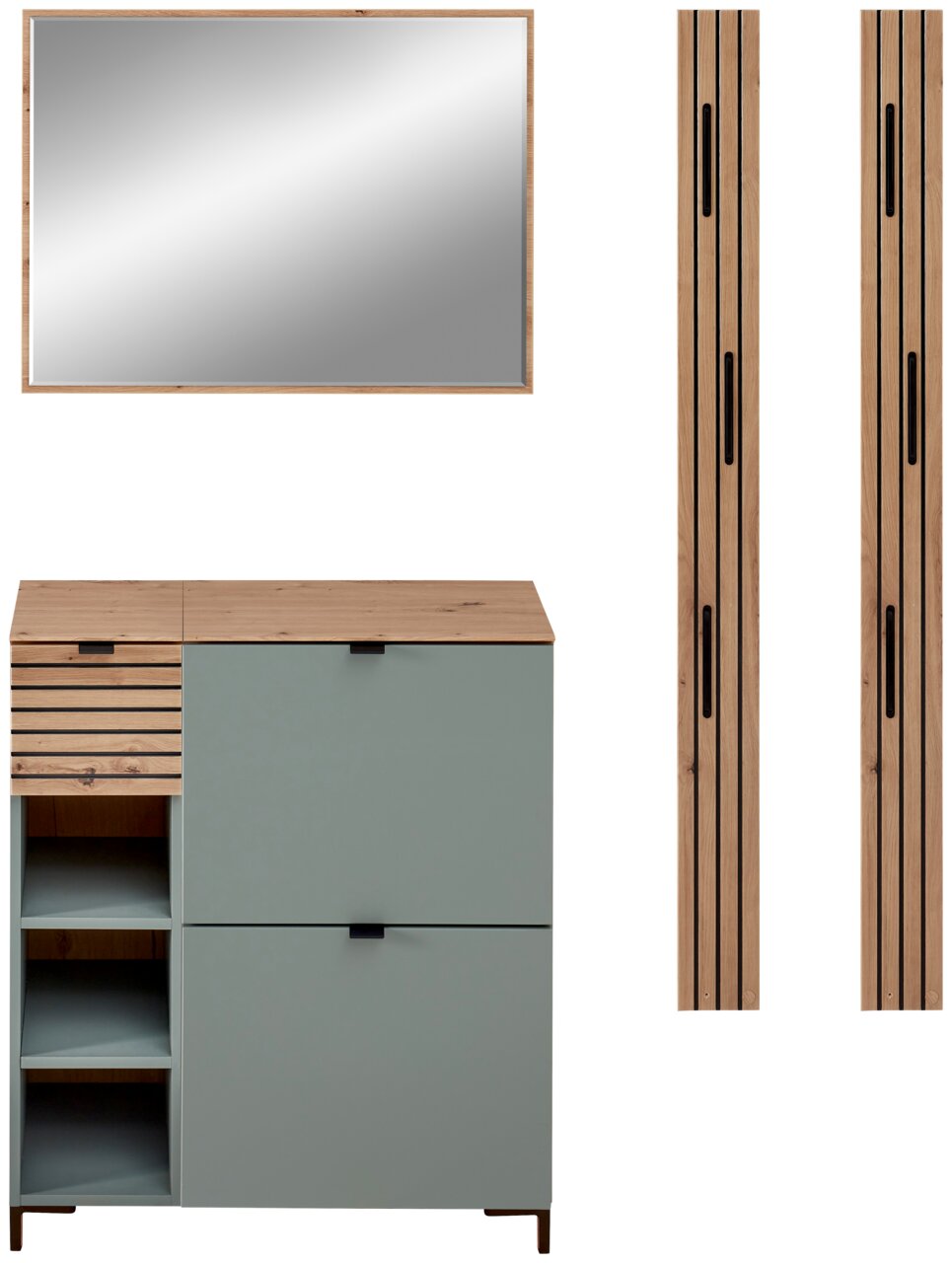 Voleo Garderoben-Set DIANA Garderoben-Set Schilf bestehend aus einem Spiegel, einem Schrank mit Schubladen und offenen Fächern sowie zwei vertikalen Holzpaneelen, frontale Ansicht.